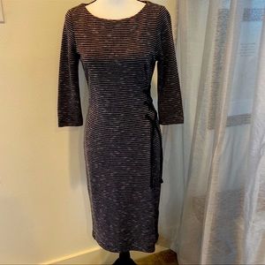 Charcoal and white striped sweater dress with laced side accent